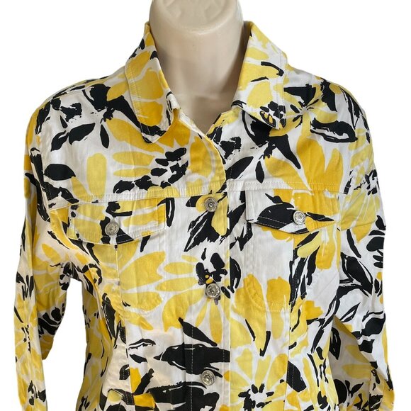 Womens Denim Floral Jacket Stretch Yellow Black Size 8 u - Picture 2 of 12
